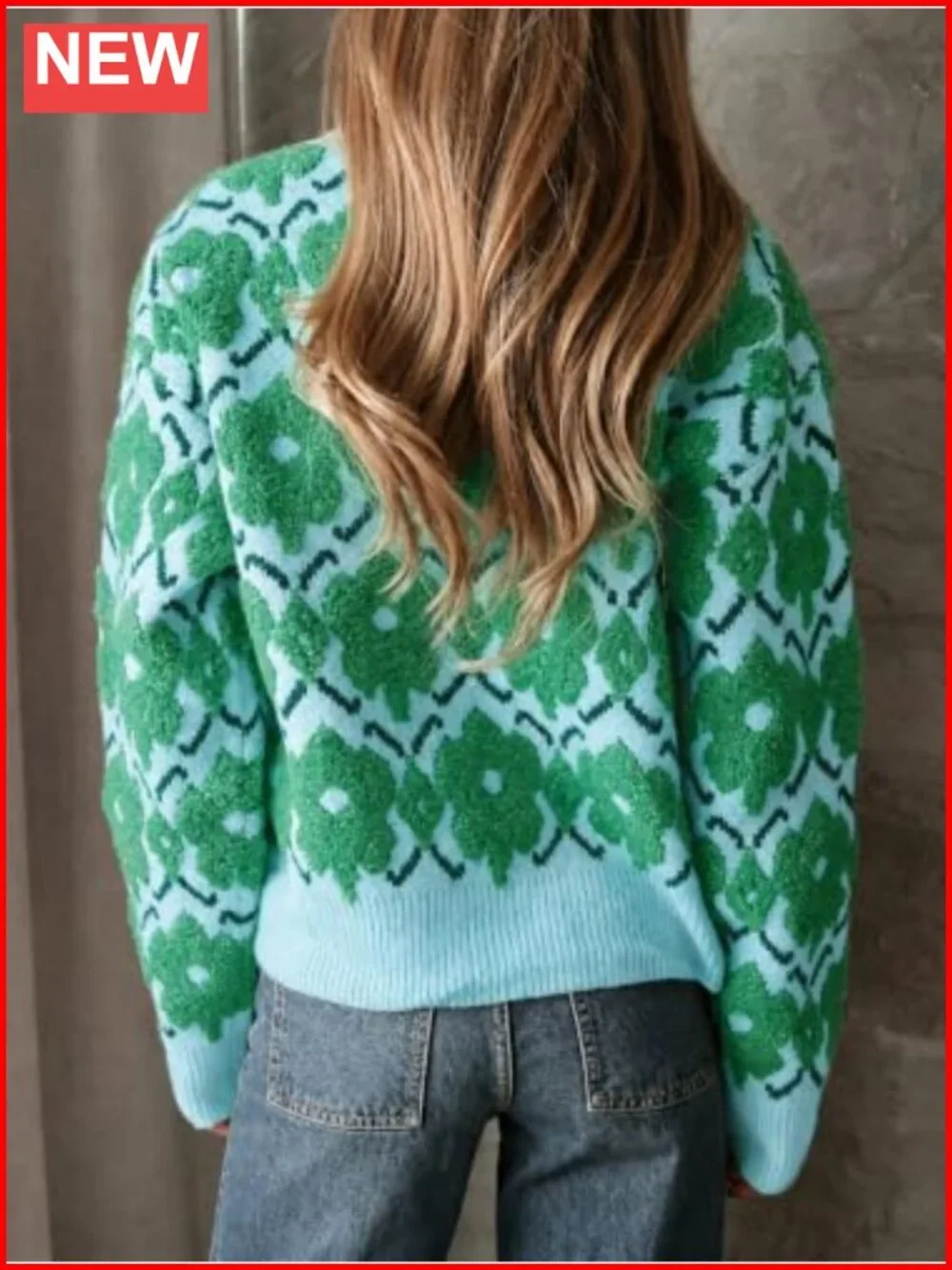 Oversized Floral Knit Pullover Sweater Crewneck Long Sleeve Women's